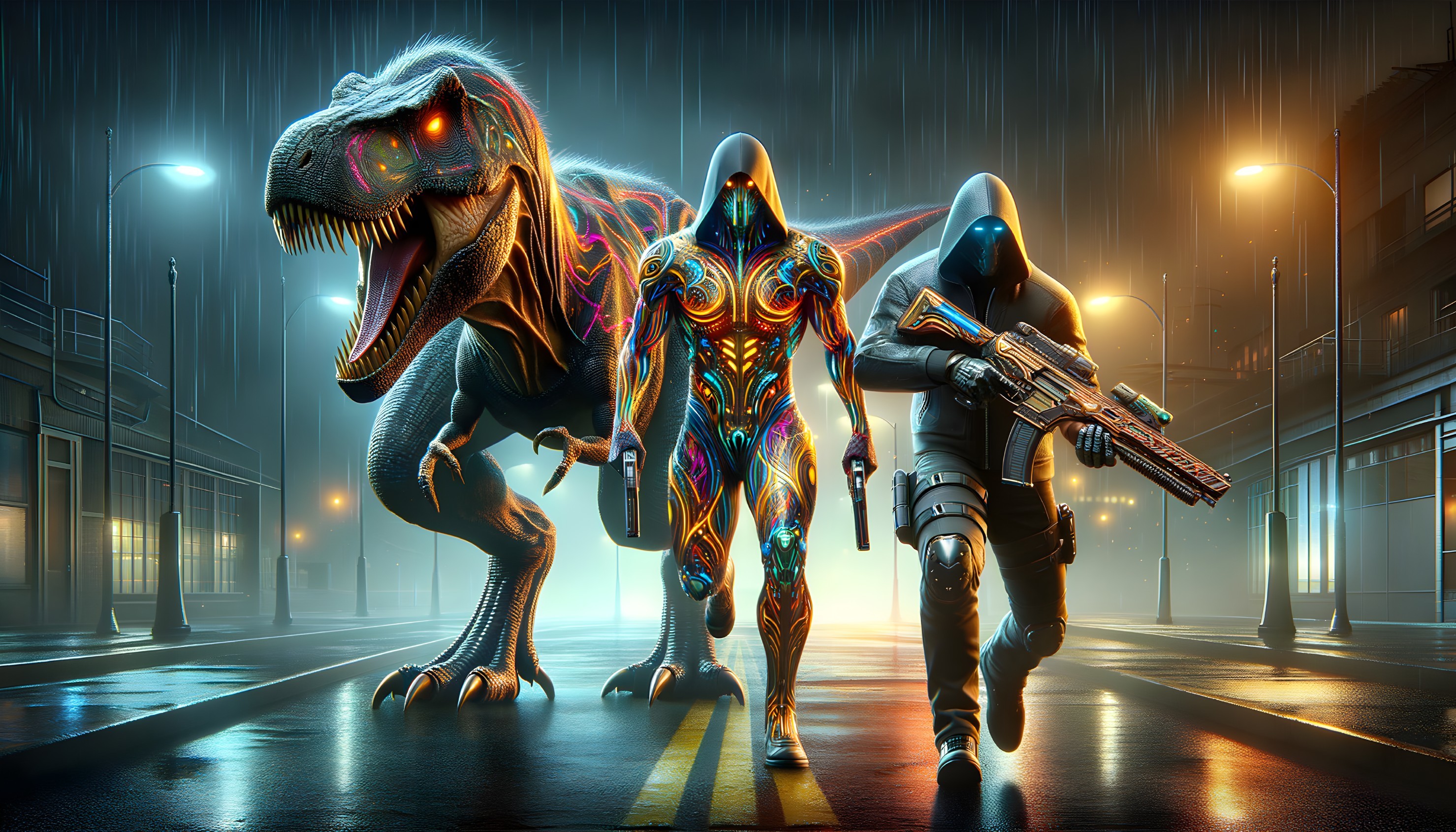 Futuristic City with Armored Figure and T-Rex