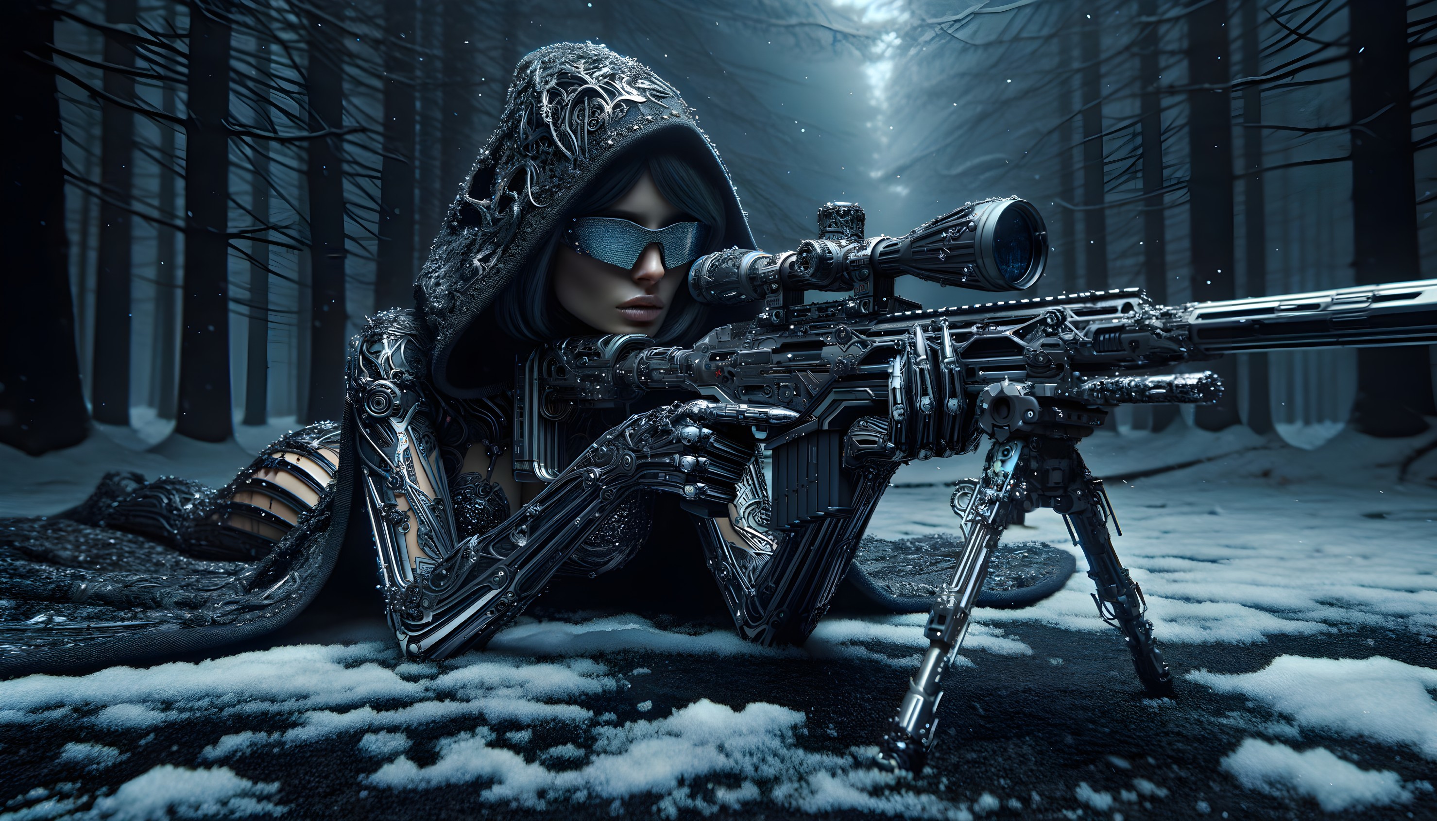 Futuristic female figure in snowy forest with sniper rifle