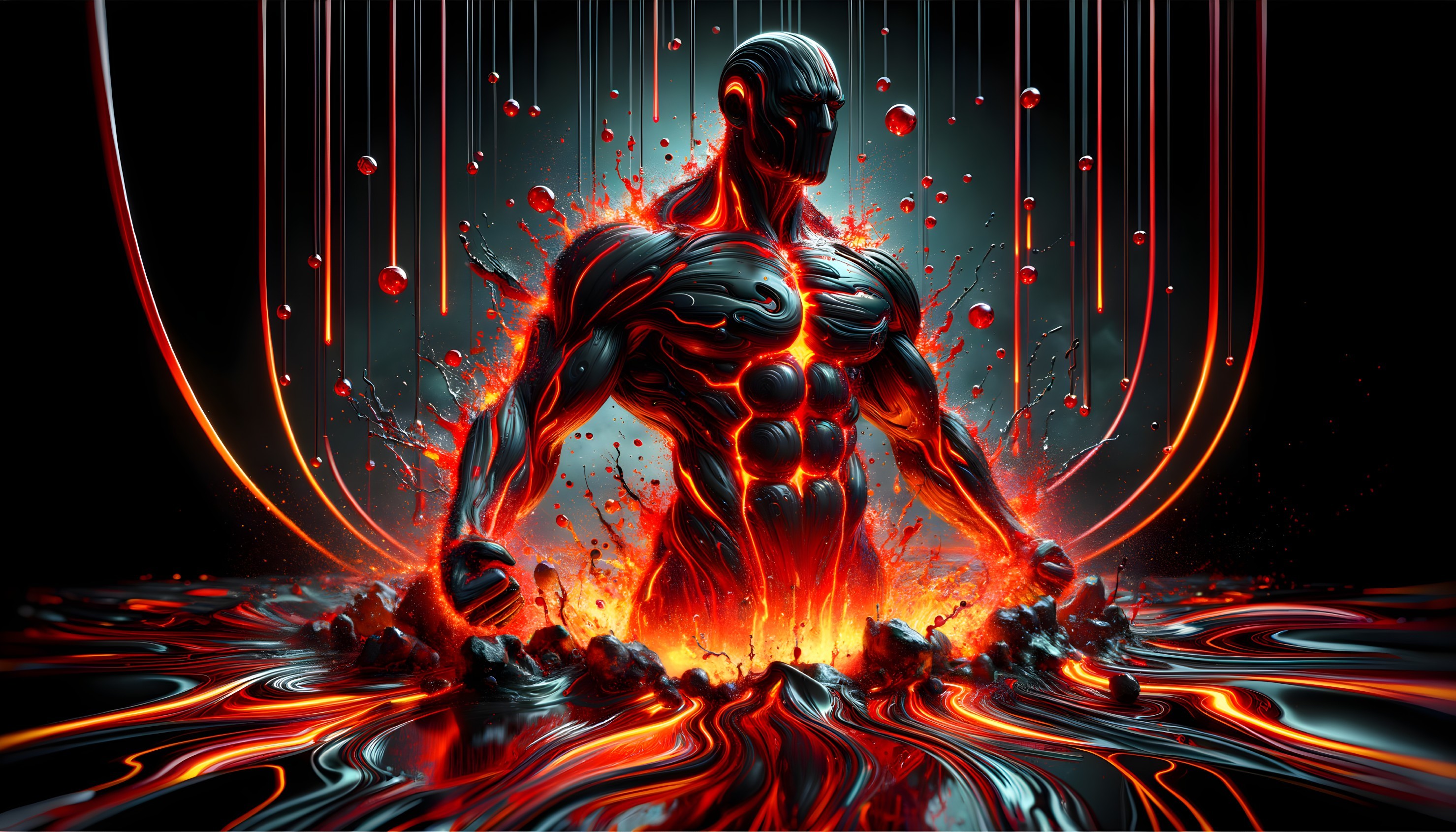Muscular Figure in Molten Landscape with Fiery Colors