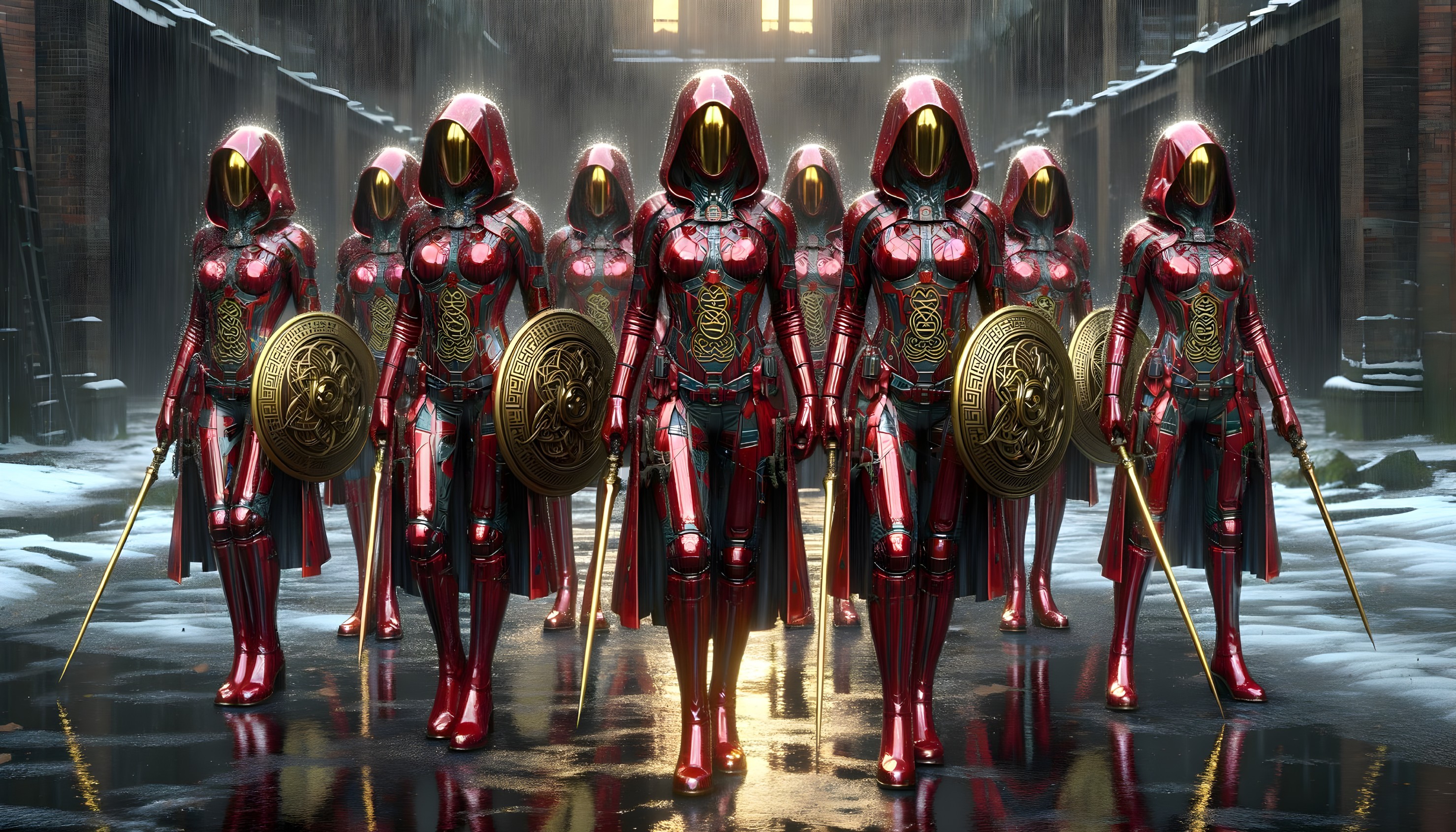 Armored Figures in Red and Gold Suits in Alleyway
