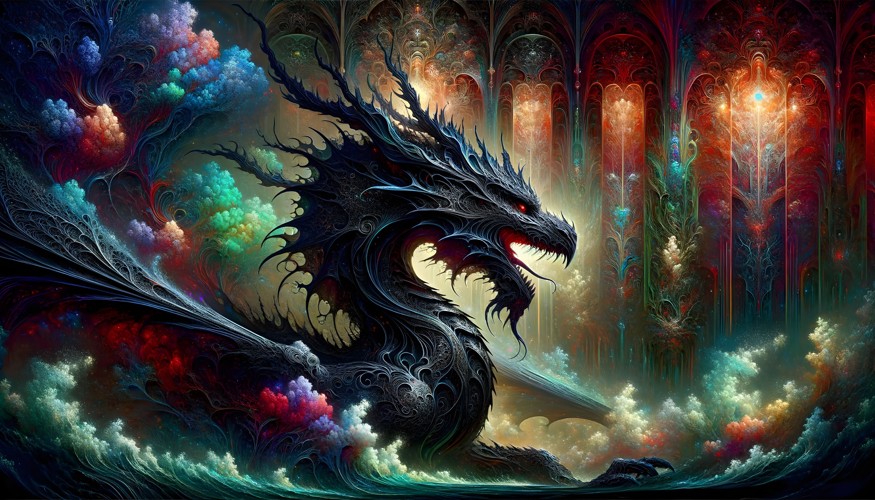 Majestic dragon in a vibrant surreal landscape