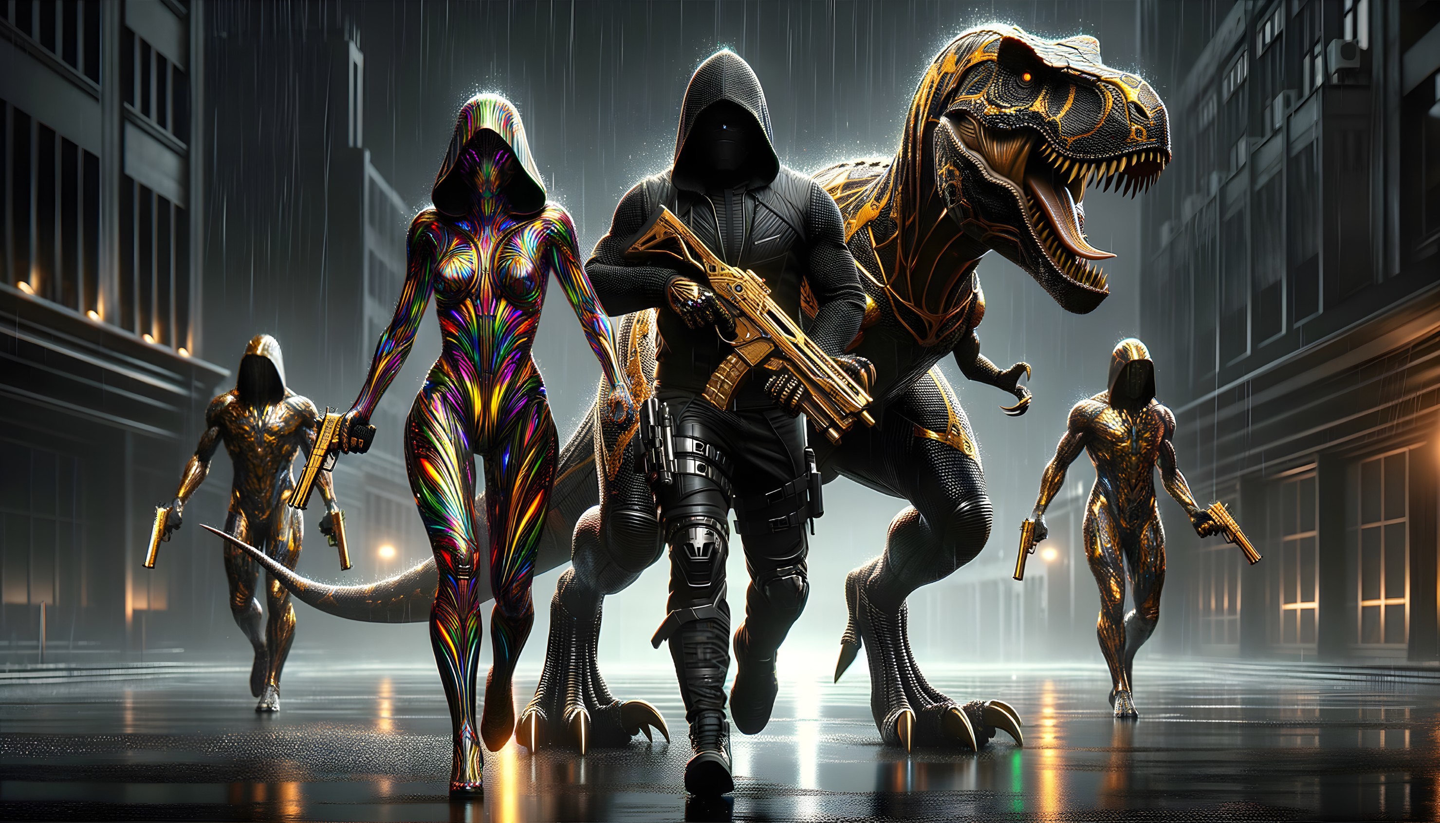 Futuristic Urban Scene with Armored Figures and Dinosaur