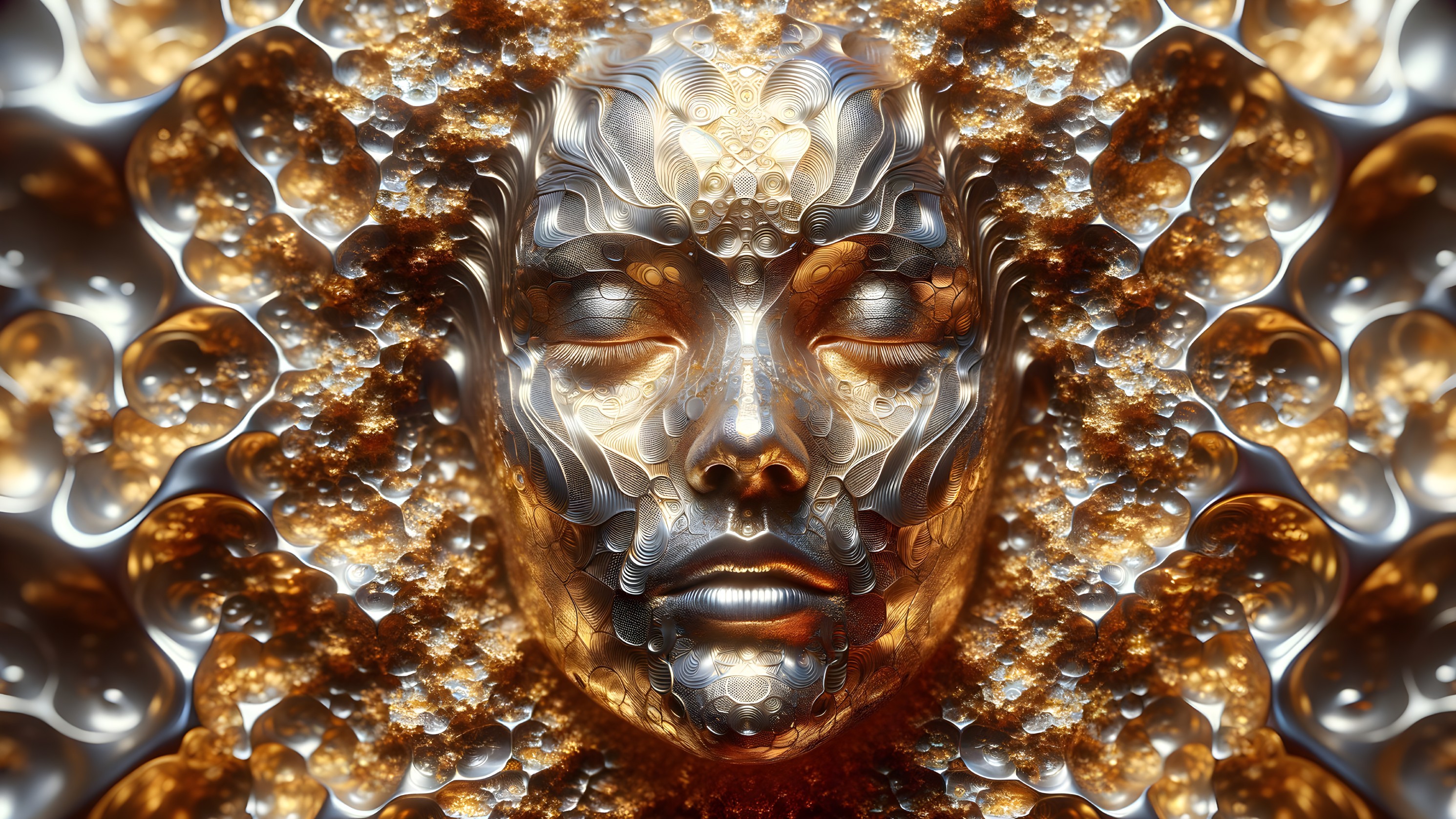 Surreal Metallic Face with Organic Shapes and Patterns