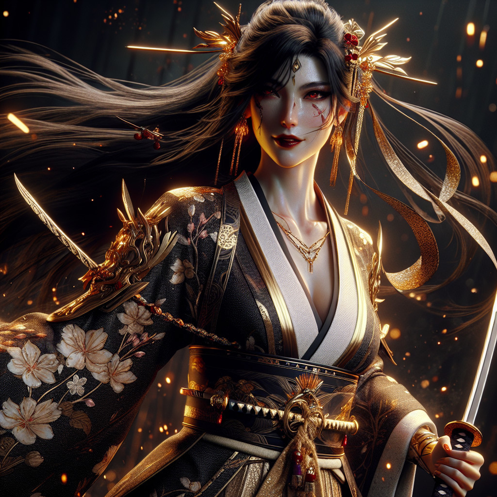 Fierce Warrior in Floral Kimono with Sword and Embers