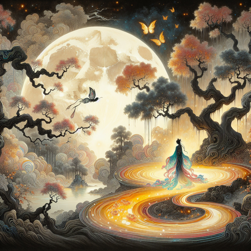 Moonlit Landscape with Mystical Figure and River
