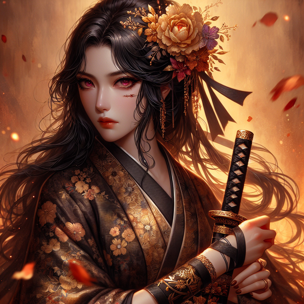 Woman in Kimono with Katana Against Golden Background
