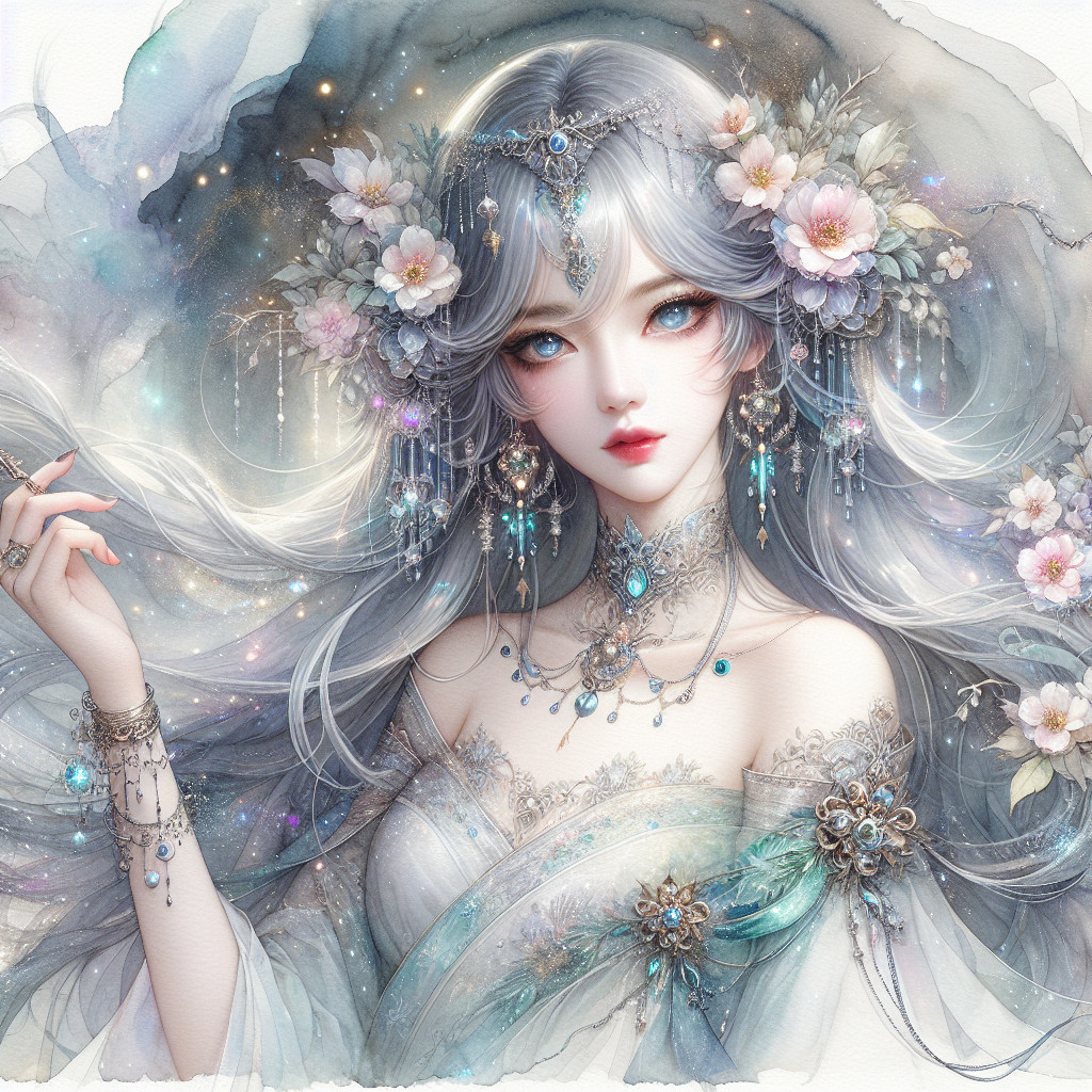 Ethereal Woman in Silver Hair and Dreamlike Gown