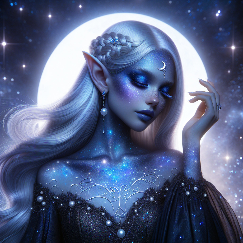 Mystical Figure with Silver Hair Against Moonlit Sky