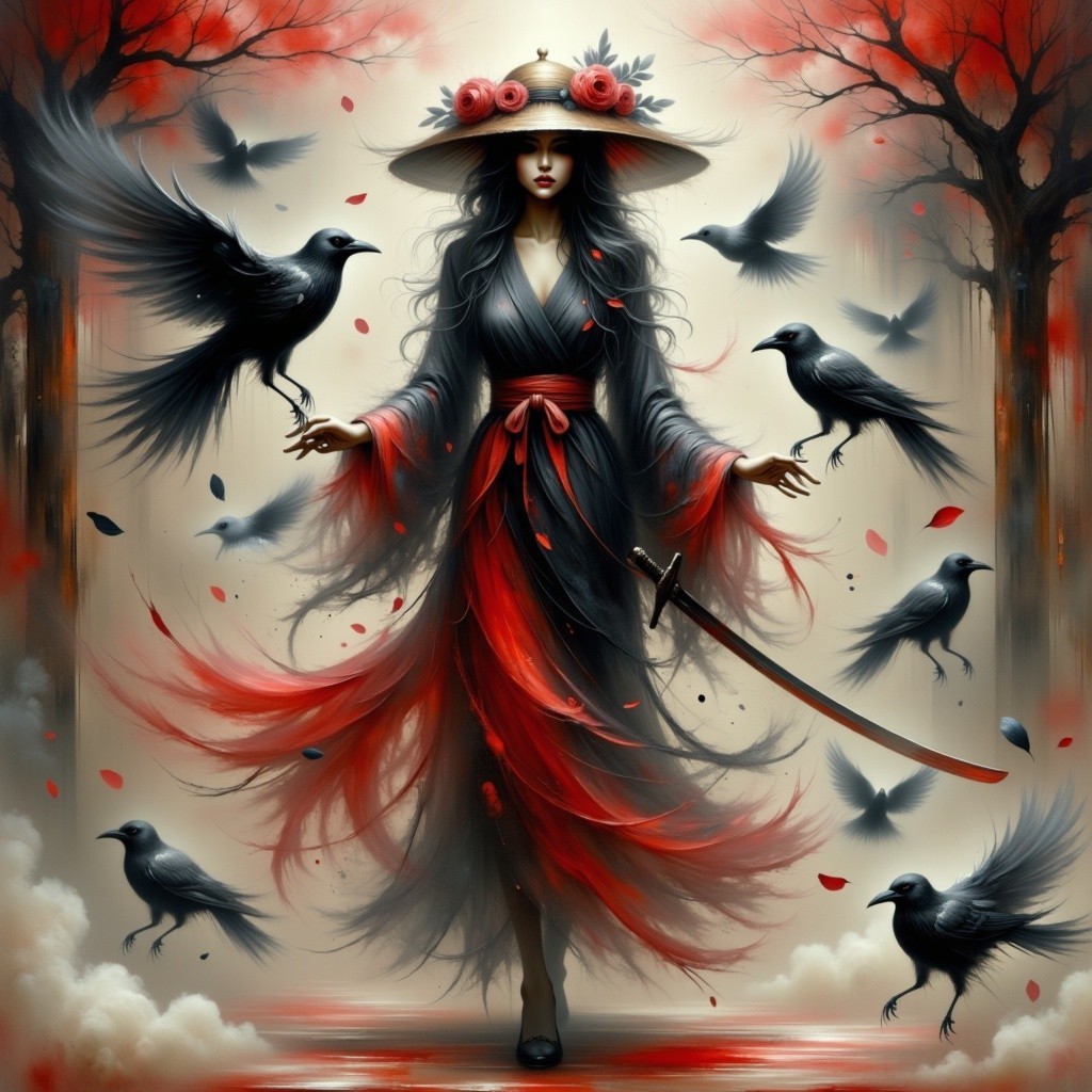 Mysterious Figure in Kimono Surrounded by Crows