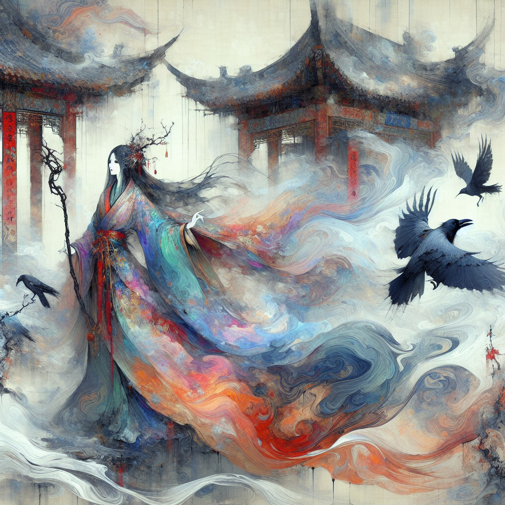 Majestic figure in colorful robe amid mist and pagodas