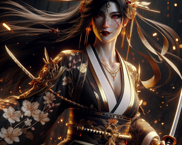 Fierce Warrior in Floral Kimono with Sword and Embers