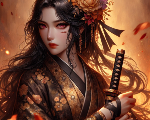 Woman in Kimono with Katana Against Golden Background