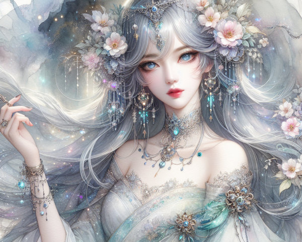 Ethereal Woman in Silver Hair and Dreamlike Gown