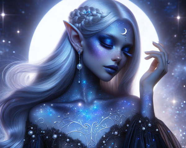 Mystical Figure with Silver Hair Against Moonlit Sky