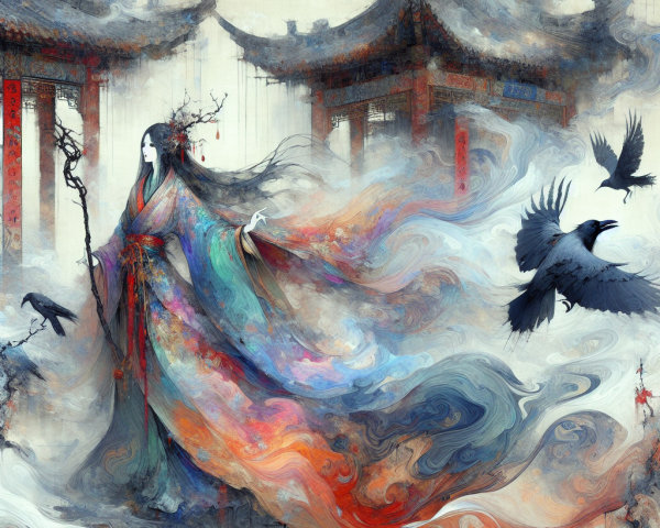 Majestic figure in colorful robe amid mist and pagodas
