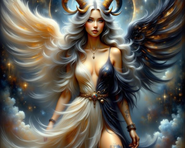 Celestial Goddess Figure in Black and White Attire
