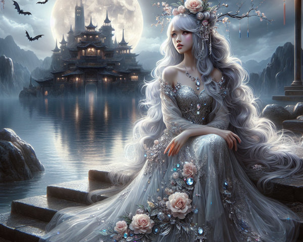 Ethereal Woman by Tranquil Lake Under Full Moon