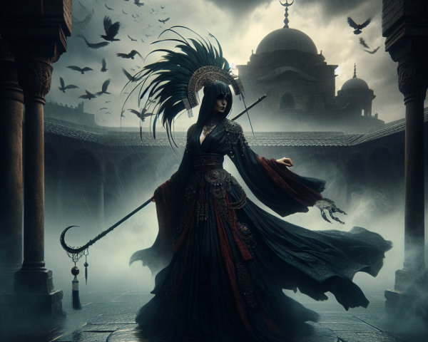 Mysterious Figure in Ancient Courtyard at Night