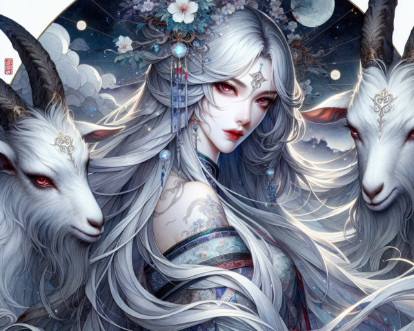 Mystical figure with silver hair and glowing goats in night sky