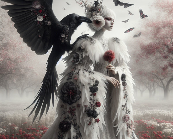 Mystical Figure in Feathered Gown in Dreamy Landscape