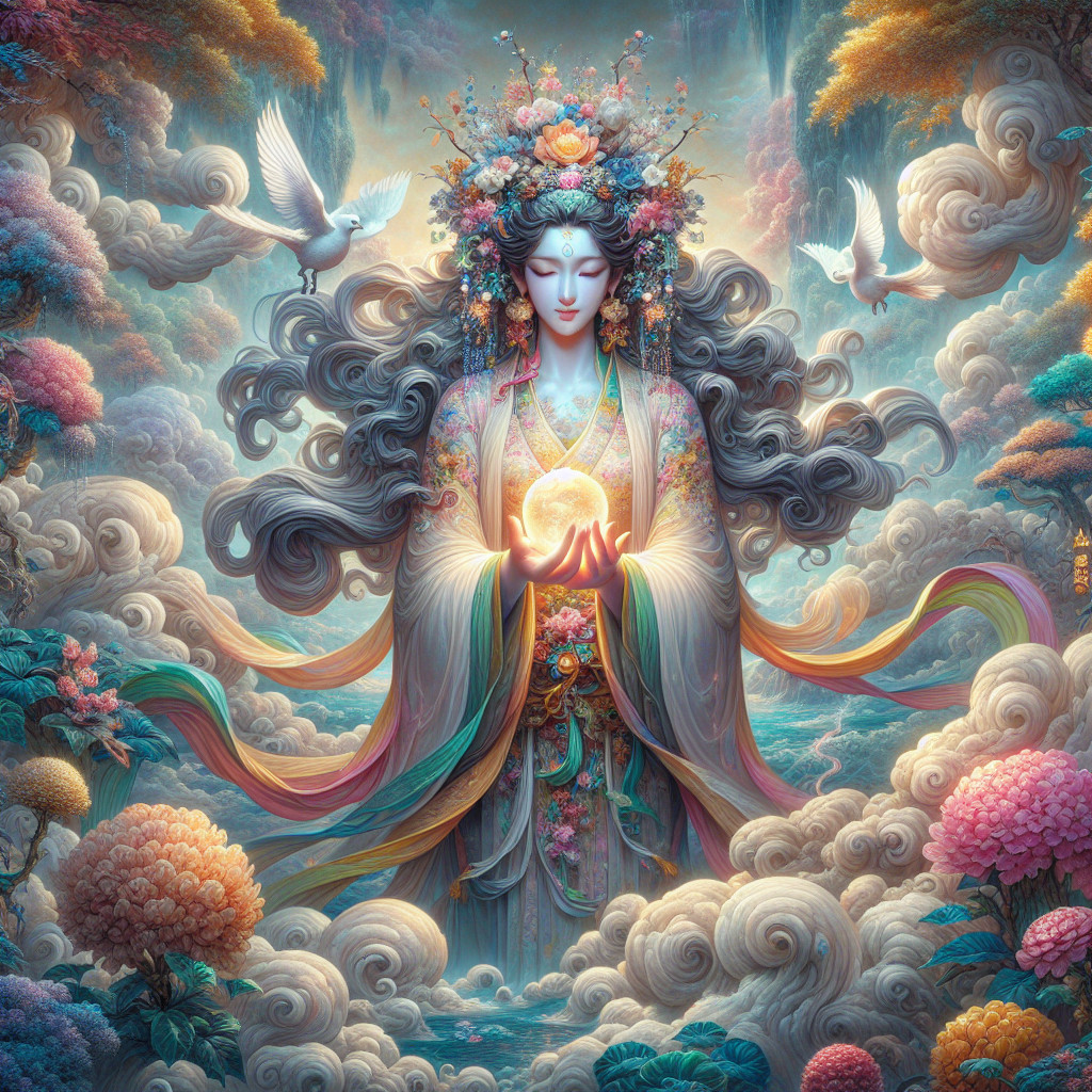 Ethereal figure in vibrant robes in dreamlike landscape