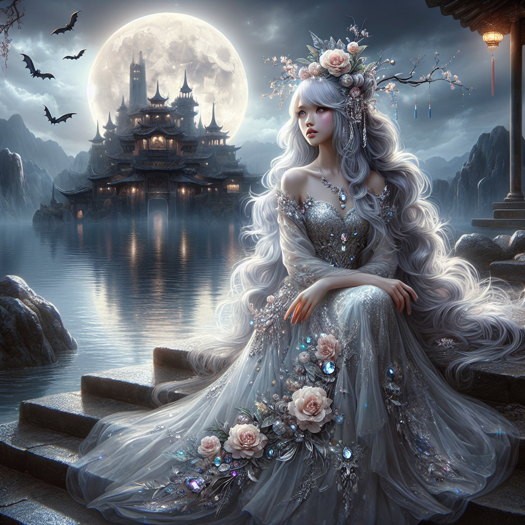 Ethereal Woman by Tranquil Lake Under Full Moon