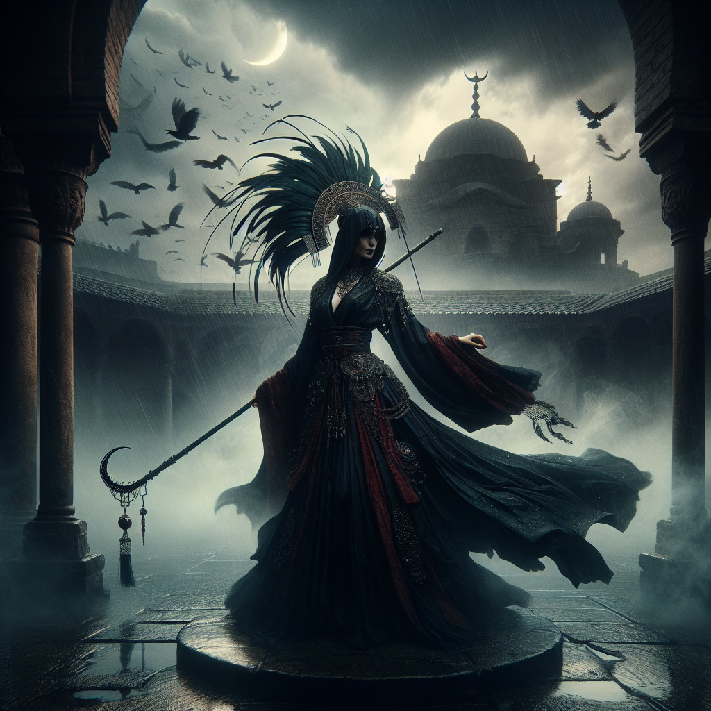 Mysterious Figure in Ancient Courtyard at Night