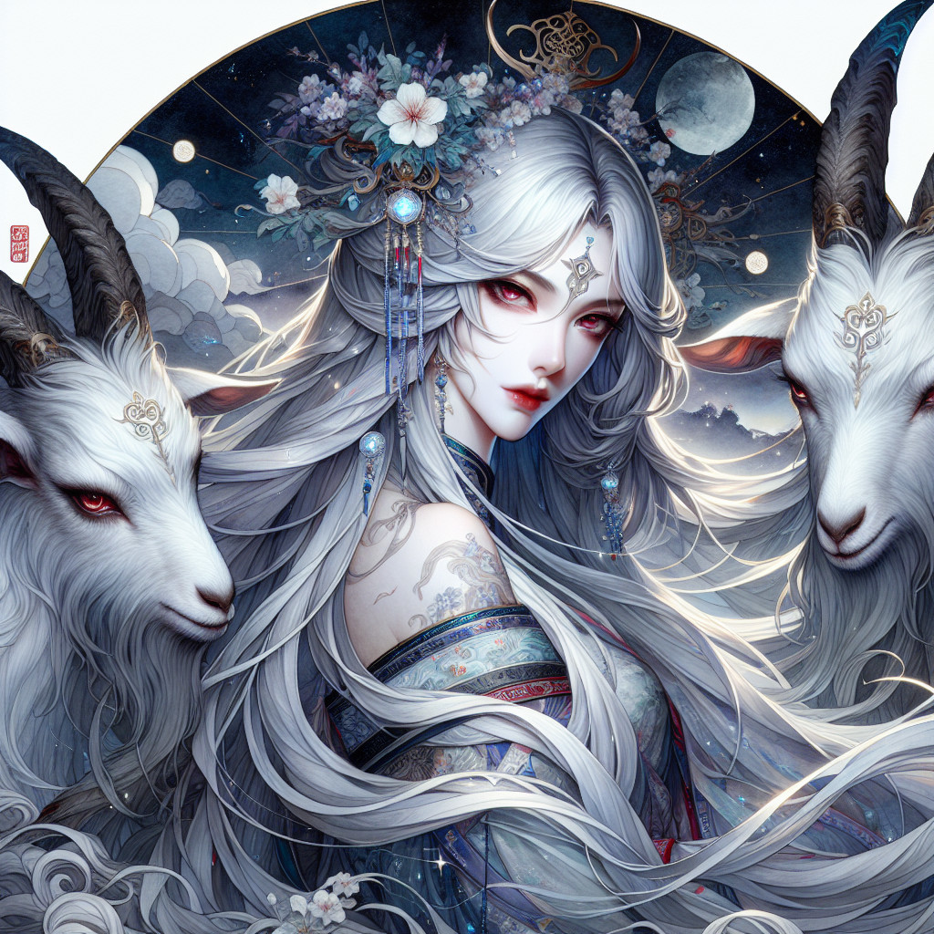 Mystical figure with silver hair and glowing goats in night sky