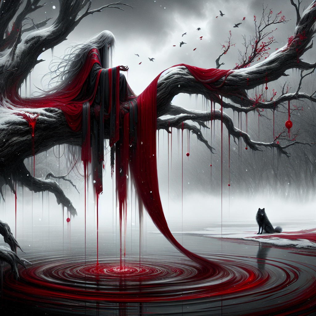 Monochrome Landscape with Figure and Black Wolf