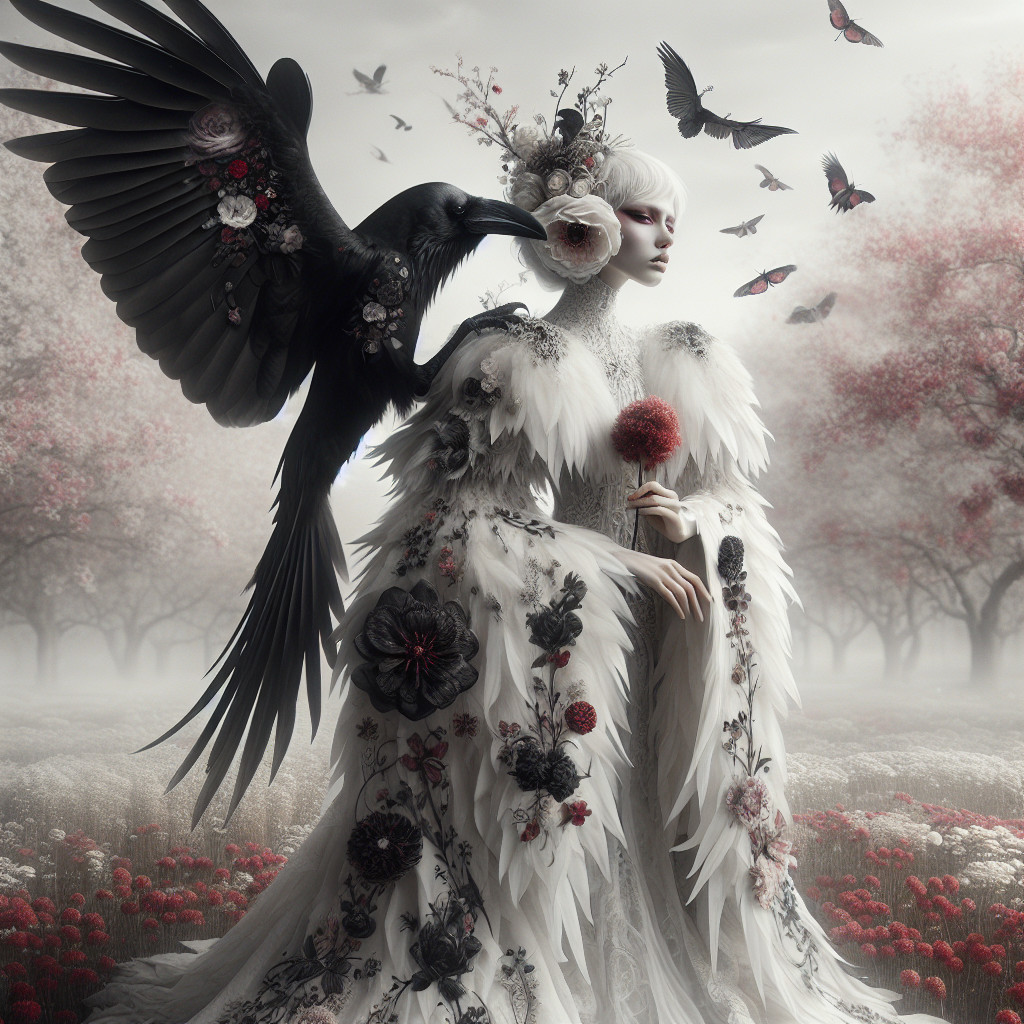 Mystical Figure in Feathered Gown in Dreamy Landscape