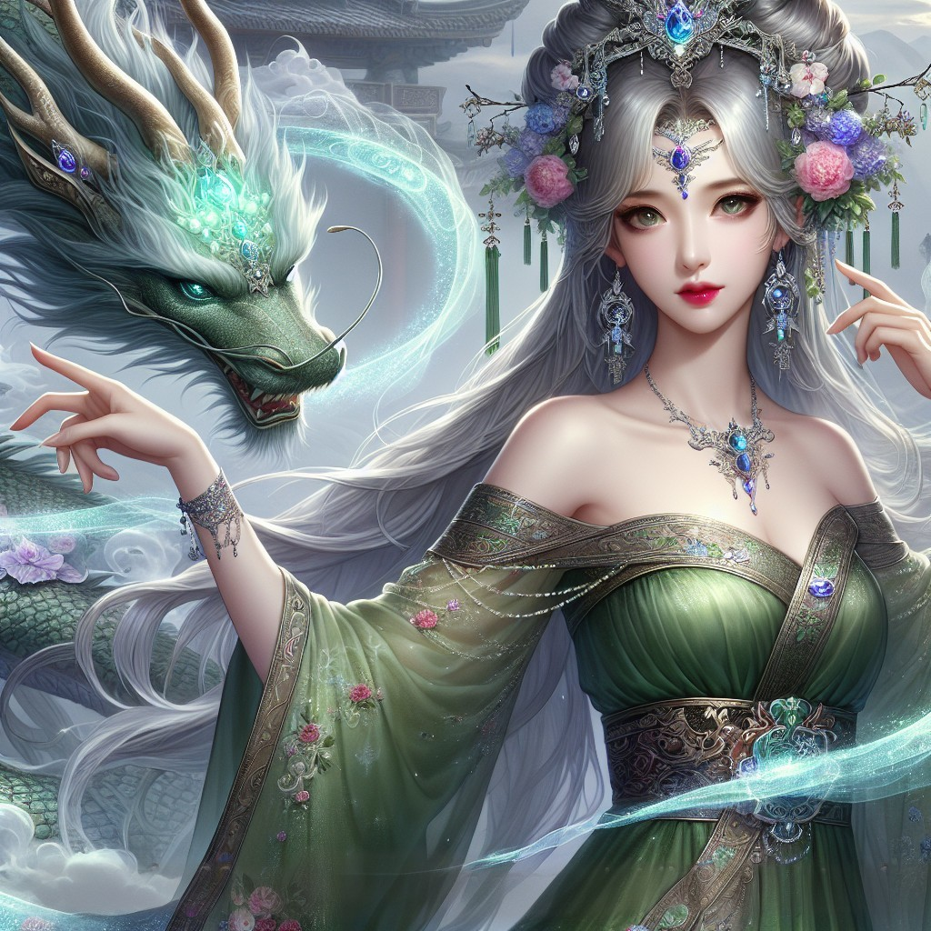 Ethereal Woman and Majestic Dragon in Mystical Scene