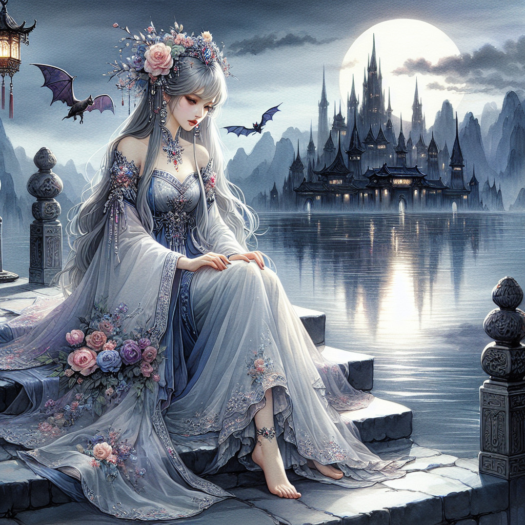 Serene figure by a lake under a full moon