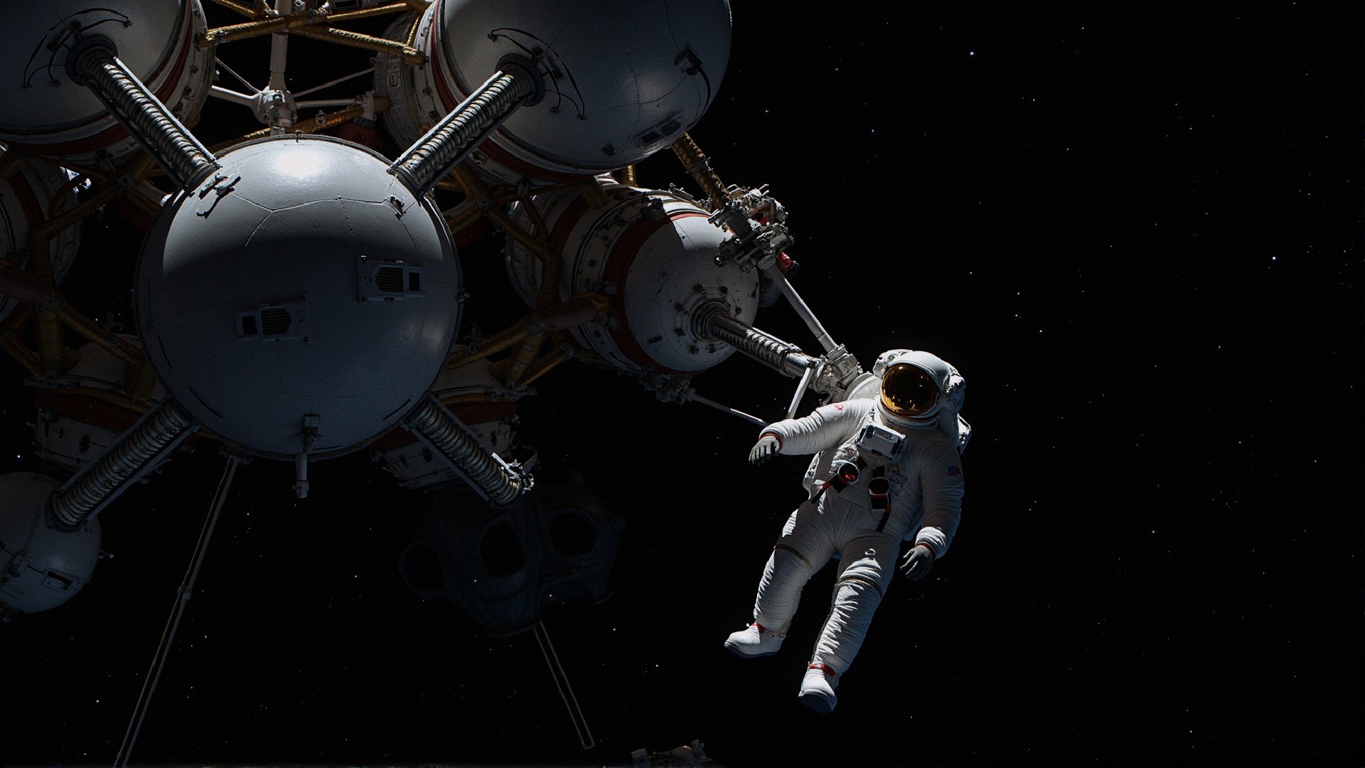 Astronaut in White Suit Floating in Space with Craft