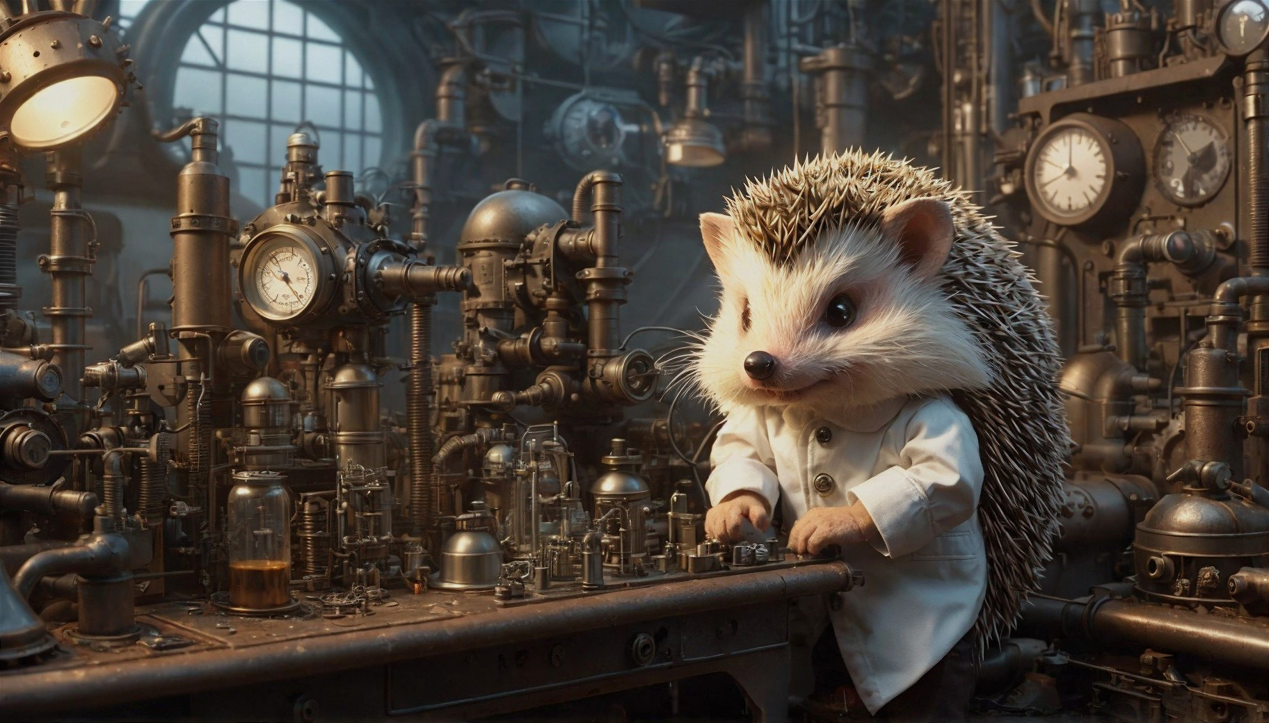 Hedgehog in Lab Coat Among Steampunk Machinery