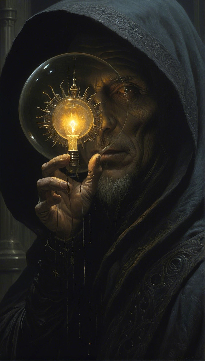 Enigmatic Figure with Glowing Light Bulb in Dark Setting