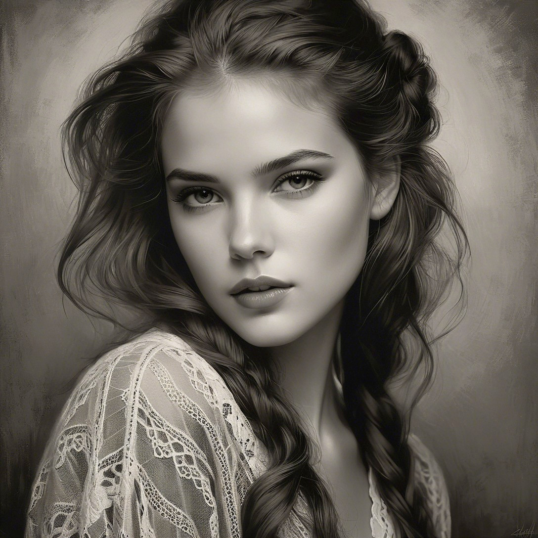 Portrait of a young woman with braided hair and lace attire