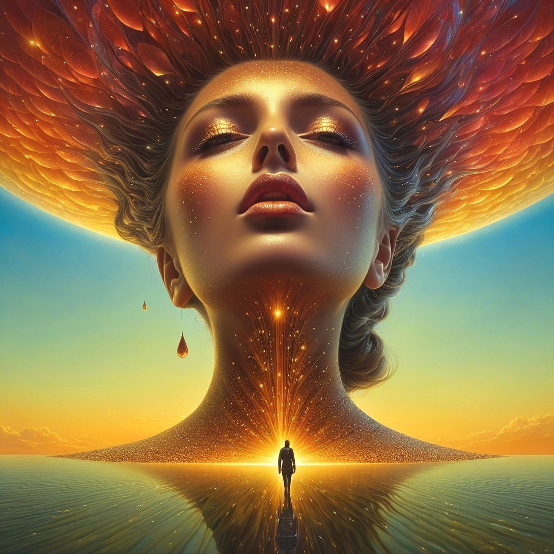 Surreal Scene of Woman with Fiery Petals at Sunset
