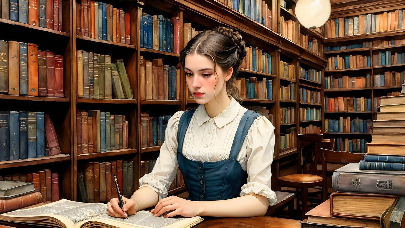 Young Woman in Vintage Library with Open Book