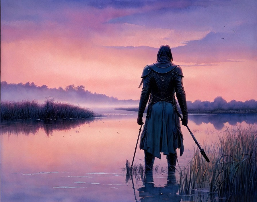 Solitary Figure in Misty Dawn Landscape with Staff