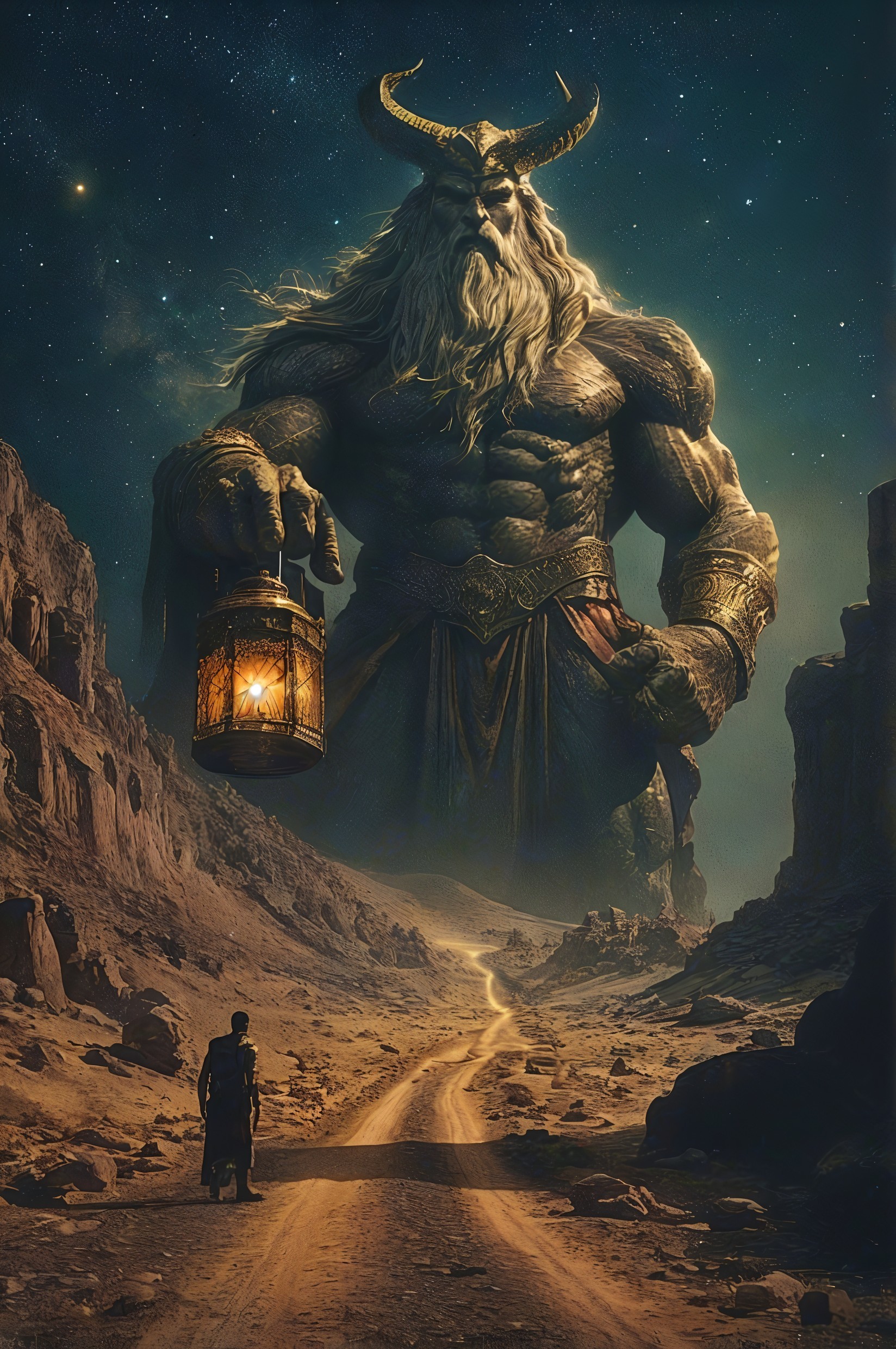 Colossal Horned Figure in Desolate Landscape Scene