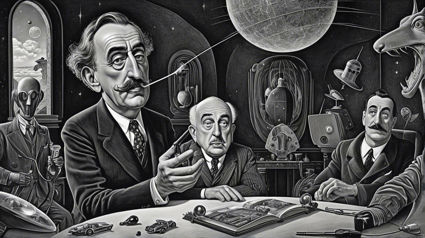 Surreal Monochromatic Scene with Dapper Men and Curiosities