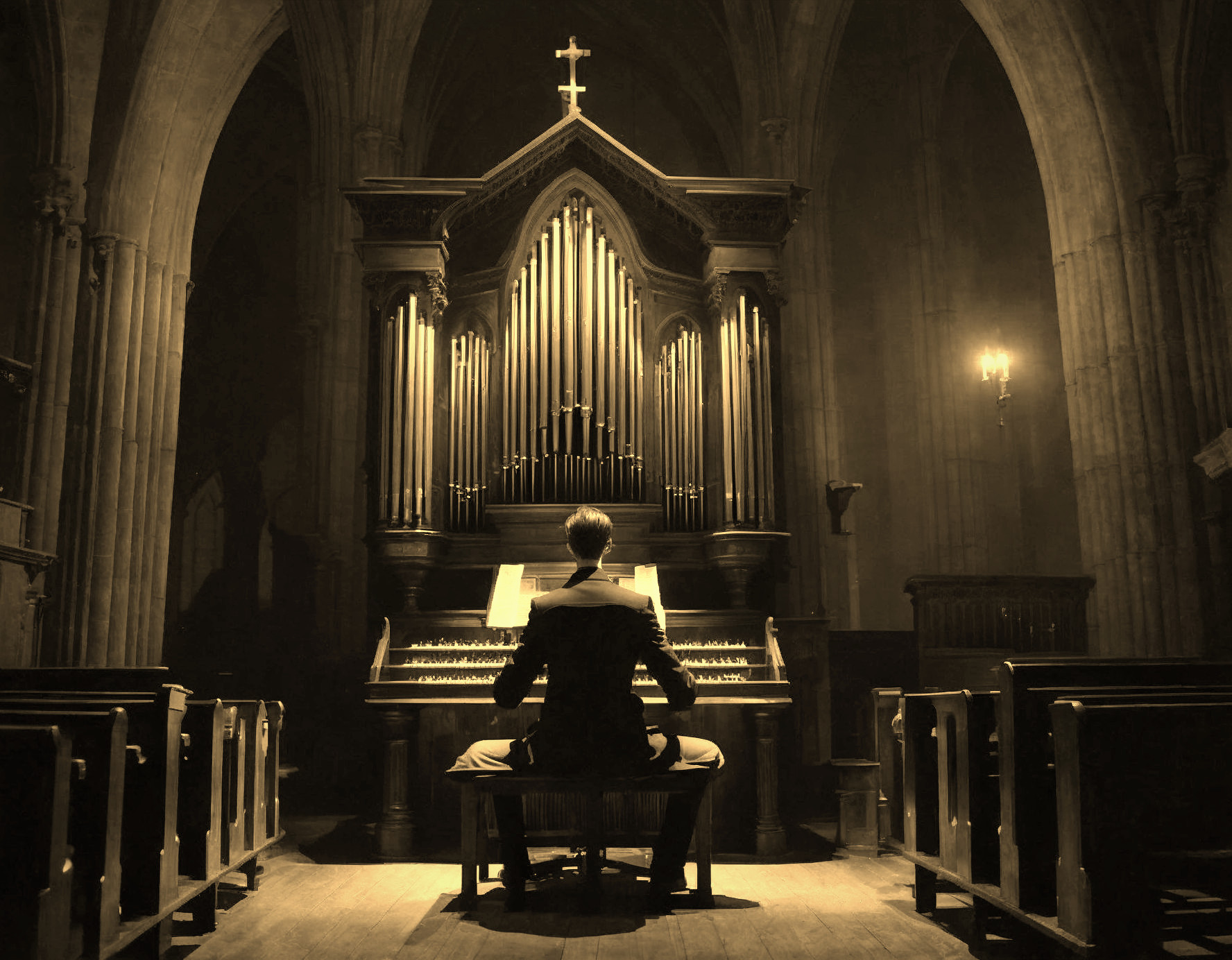 Person playing large pipe organ in dimly lit Gothic church