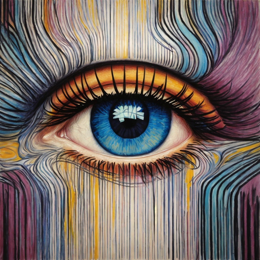 Detailed colorful painting of a vibrant blue eye with dynamic, radiating lines.