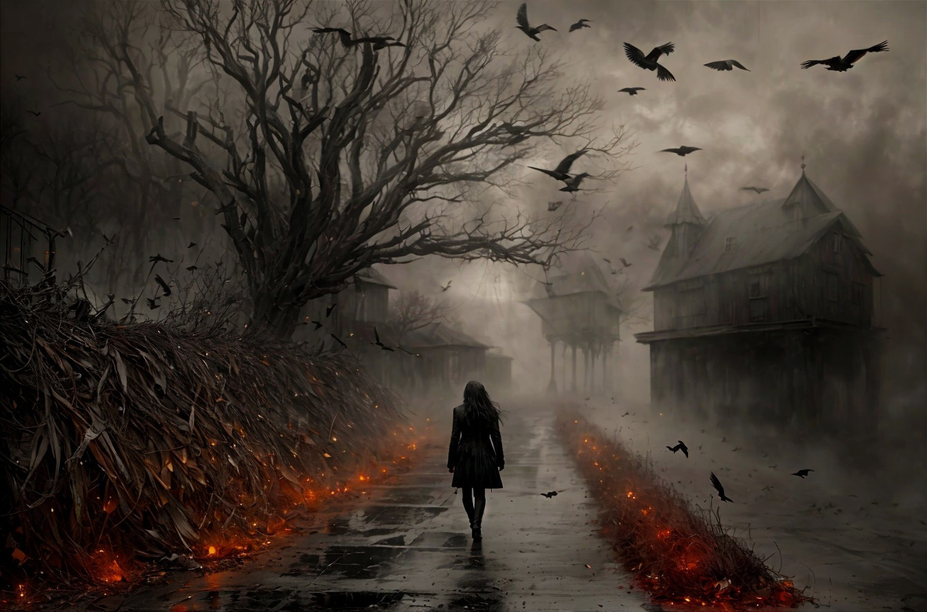 Lone figure walking towards eerie houses on foggy path with barren trees and fiery leaves.