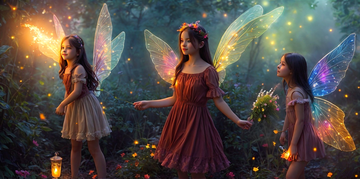 Girls with Fairy Wings in Enchanted Twilight Forest