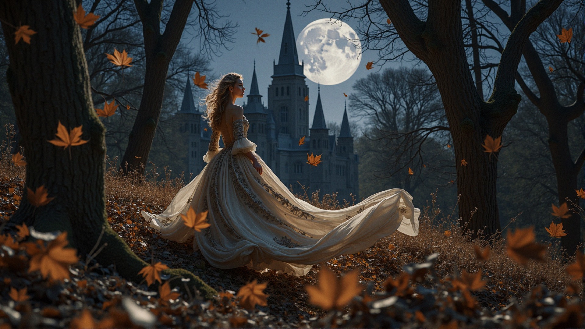 Enchanting Night Scene with Flowing Gown and Castle