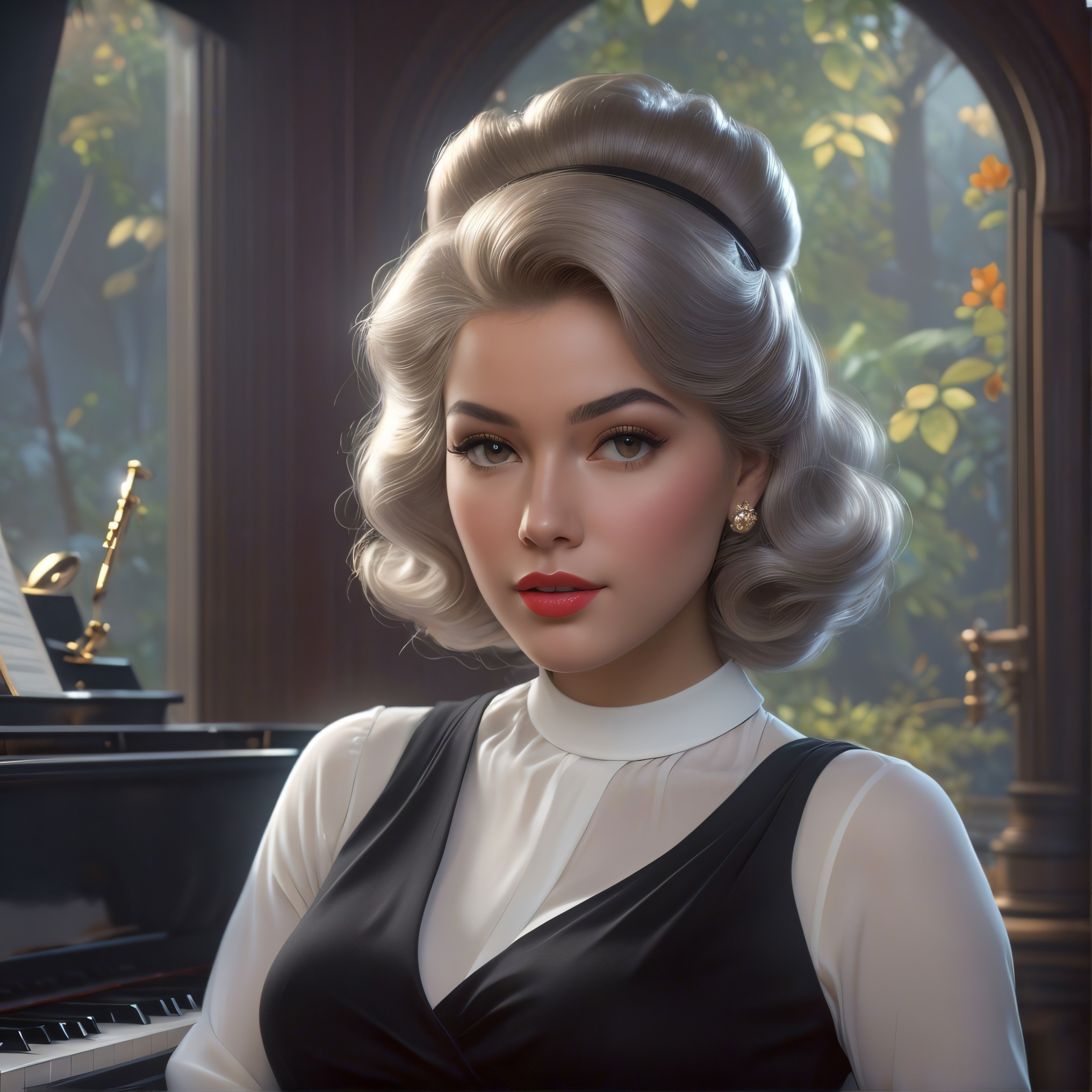 Elegant woman with silver-blonde hair by piano