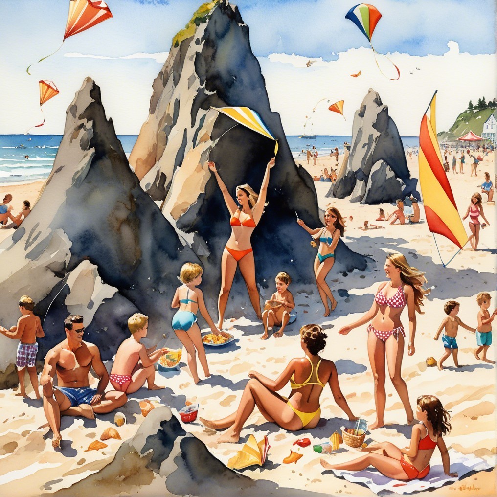 Vibrant Beach Scene with Families and Activities