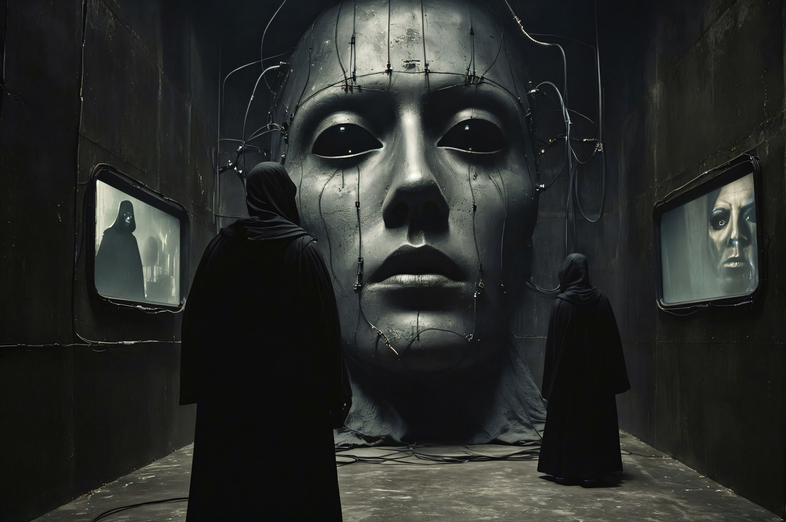 Cloaked Figures Before a Massive Robotic Head
