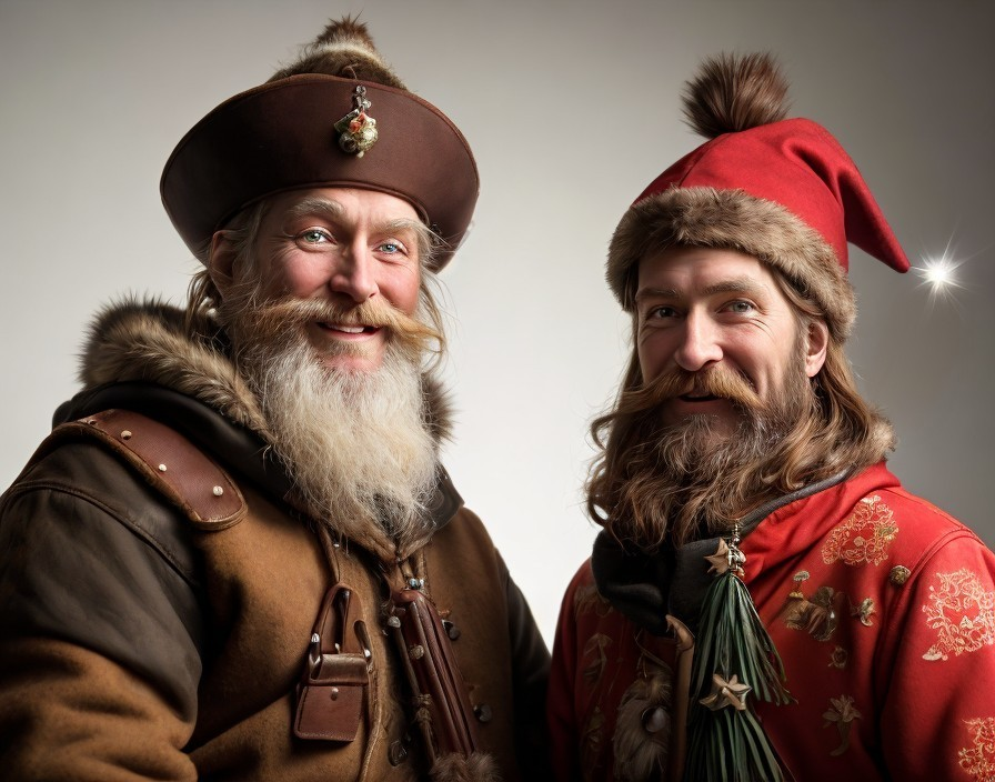 Two men in historical brown and red costumes smiling